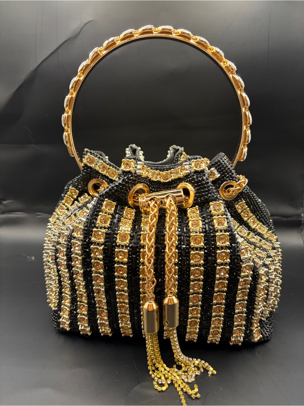 Embellished Black and Gold Crystal Evening Handbag